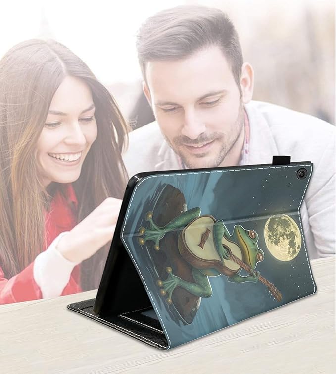 Case for Amazon Kindle Fire 7 Tablet (7 9th/7th Generation 2019/2017 Release) Slim PU Leather Cover with Card Slot &amp Auto Wake/Sleep Frog Playing Guitar