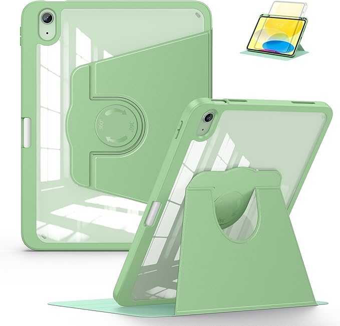 Soke Rotating Case for iPad (A16) 11th Generation 2025 iPad 10th Gen 2022 with Pencil Holder [Shockproof + Auto Sleep/Wake] 360 Degree Rotation Clear Back for iPad 11/10.9 - Matcha Green