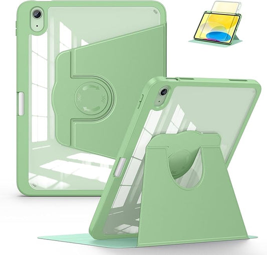 Soke Rotating Case for iPad (A16) 11th Generation 2025 iPad 10th Gen 2022 with Pencil Holder [Shockproof + Auto Sleep/Wake] 360 Degree Rotation Clear Back for iPad 11/10.9 - Matcha Green