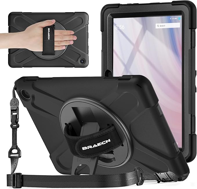 BRAECNstock for Amazon Fire HD 10 Tablet Case (13th Generation 2023) 10.1 Shockproof Protective Kids Case with Screen Protector [Rotating Hand Strap+Stand] Pen HolderShoulder Strap Black