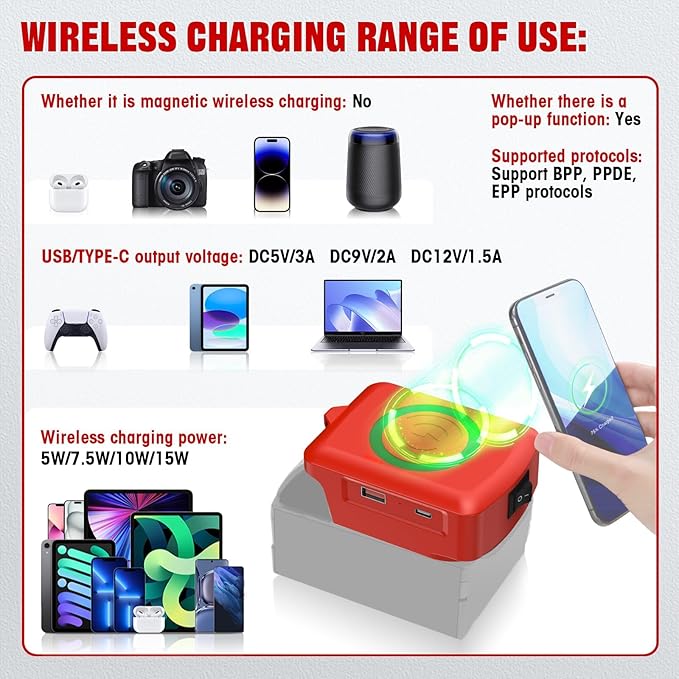 Wireless Charger for Milwaukee M-18 18V Battery15W Max Wireless Charging Adapterwith USB-A&ampUSB-C 2.1A Fast Charge PortsCell Phone Chargers Using Tool Battery