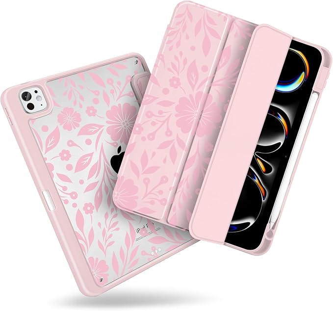 MecBevia Case for iPad Pro 11 inch M5 2025 / M4 2024 (6th/5th Gen) A3357 A3358 A3359 A2836 A2837 A3006 – Built-in Pencil Holder &amp Auto Wake/Sleep Pink Bloom