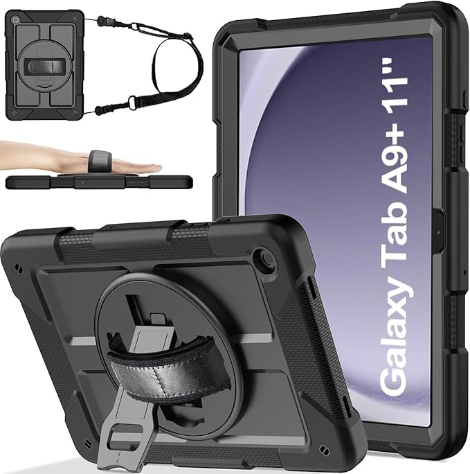 BMOUO for Samsung Galaxy Tab A9+ Plus Case 11 2023 (SM-X210/X216/X218) Shockproof Galaxy Tab A9 Plus Case with Rotating Stand and Hand/Shoulder Strap Black
