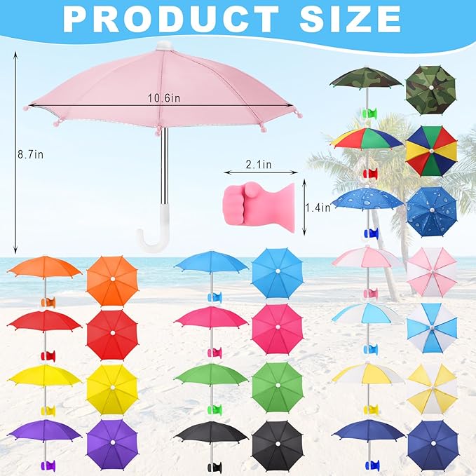 16 Sets Phone Umbrella Sun Shade Bulk with Adjustable Fist Hand Suction Cup Stand Universal Cell Phone Umbrella Sun Shield Mobile Holder for Summer Outdoor Beach Pool Travel UV Protection