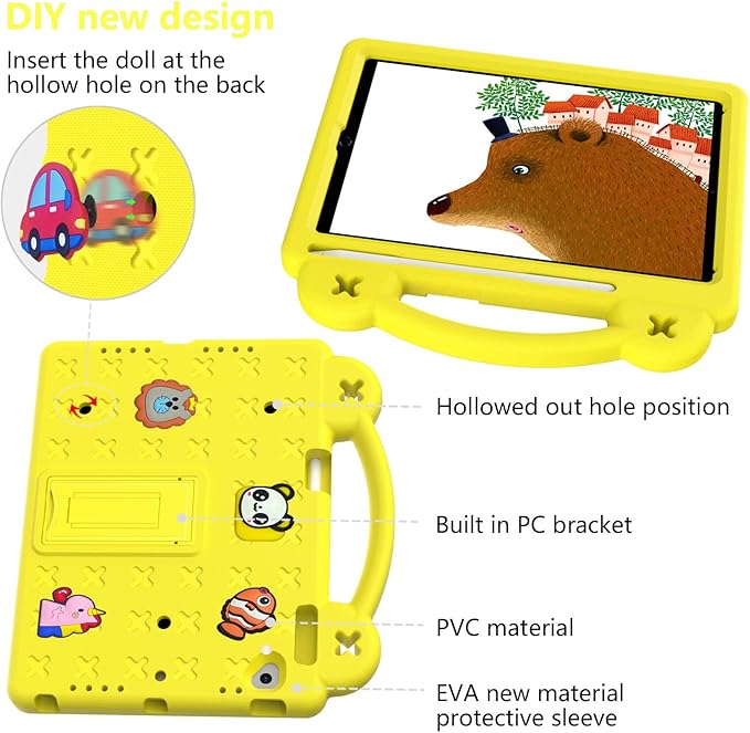 Compatible with Apple iPad Air 1 2013/Air 2 2014/Pro 9.7(2016)/iPad 9.7(2017/2018) Tablet Case Kids Shockproof Protective Case with Shoulder Strap &amp Stand Handle &amp Pen Tray Yellow
