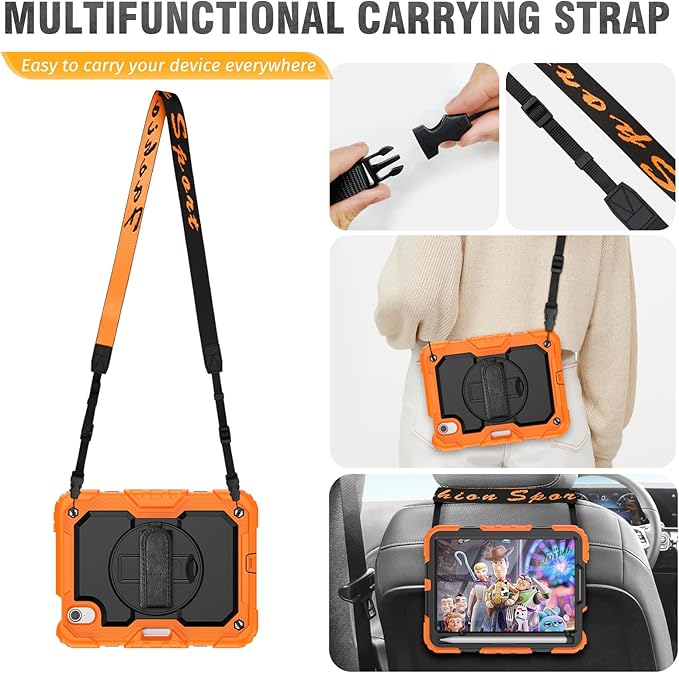 HXCASEAC Case for iPad mini 7 (A17 Pro) / iPad mini 6 Case 8.3 inch Full Body Protective with Pencil Holder Carrying Strap Hand Strap Protector 360 Rotating Stand A2995 A2993 A2567 A2568 Orange