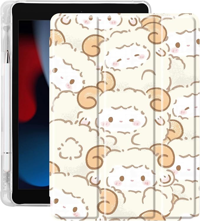 Idocolors Cute Kawaii Sheep Pad Case for 13 Inch iPad Air(2024) Clear TPU Trifold Stand Back Cover with Pencil Holder Auto Wake/Sleep Foldable Shockproof Protective Case
