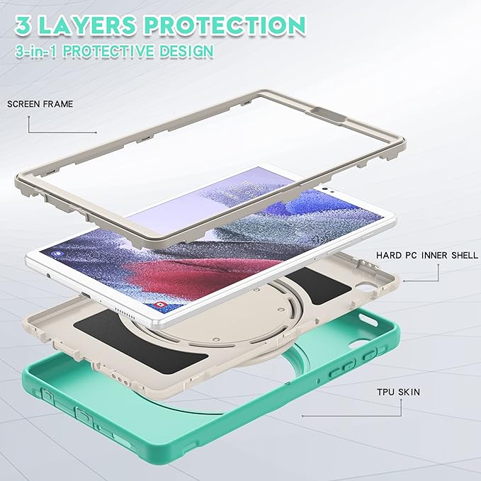 Shockproof Case for Samsung Galaxy Tab A7 Lite 8.7 Tablet Techcircle Rotating Stand Handle Heavy Duty Bumper Hybrid Cover Protective Case for Galaxy Tab A7 Lite (2021) SM-T220/T225 Mint Green