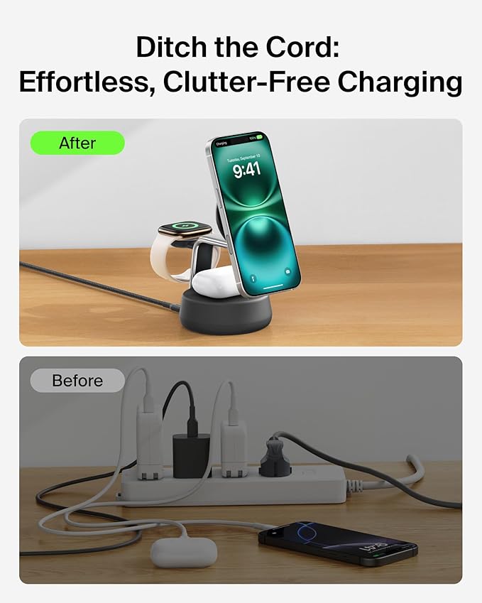Belkin MagSafe Charger Compatible 3-in-1 Charging Station Qi2.2 25W w/Cooling Fan (On/Off Control) Magnetic Wireless Charger for iPhone 17 Apple Watch AirPods Pixel 10 (45W Adapter Included)