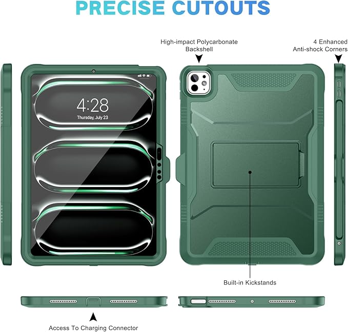 Soke Case for iPad Pro 11 Inch (M5) 2025/ (M4) 2024 with Built-in Screen Protector &amp Kickstand Rugged Full Body Heavy Duty Protective Cover with Pencil Holder - Midnight Green
