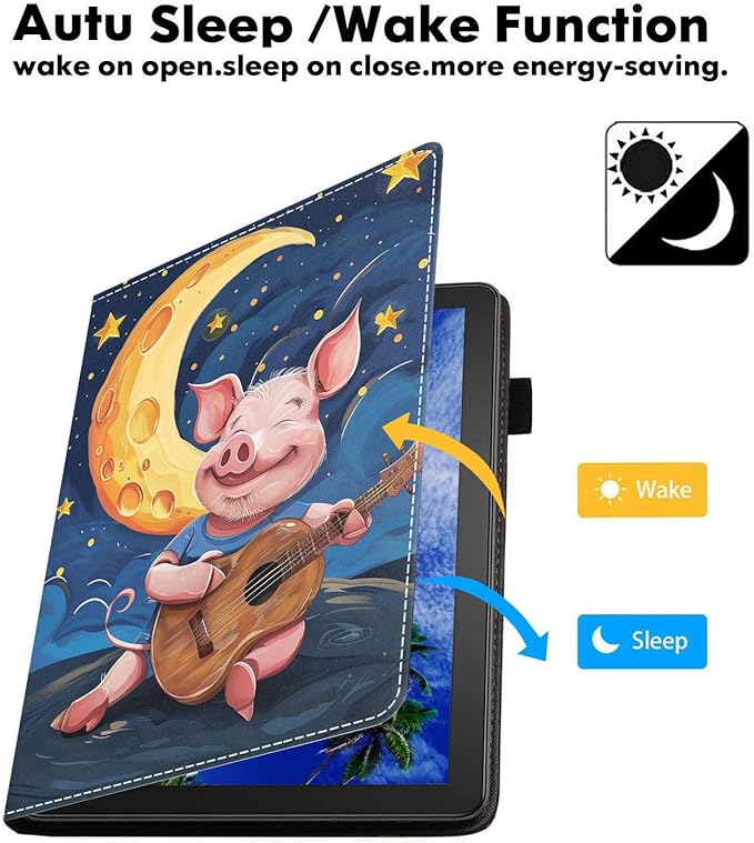 Case for Amazon Kindle Fire 7 Tablet (7 9th/7th Generation 2019/2017 Release) Slim PU Leather Cover with Card Slot &amp Auto Wake/Sleep Watercolor Art Pig Playing Guitar
