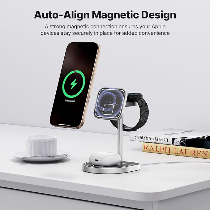 KU XIU X85 3-in-1 Wireless Charger Stand Magnetic Charging Station for iPhone 17–12 &amp iPhone Air Apple Watch S11–4/SE/Ultra AirPods 4/3/2/Pro – Adjustable Stand Basketball Court-Inspired Desig
