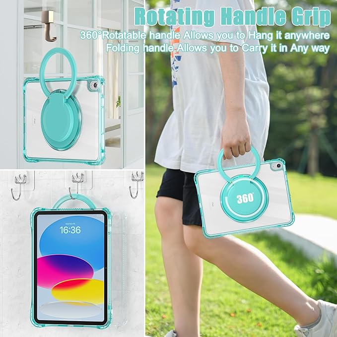 Mektron for 2025 iPad 11 inch (A16 Chip) 11th Gen Case PC Clear Cover for iPad 10th Gen10.9 inch 2022 Shockproof Tablet Cases with Soft TPU &amp Rotating Stand for Kids Light Green