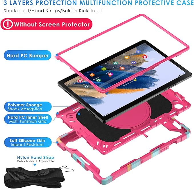 DETUOSI Case for Samsung Galaxy Tab A8 10.5 inch 2022 Galaxy Tab A8 Shockproof Case with 360°Rotatable Stand &amp Shoulder Strap Heavy Duty Case for SM-X200/X205/X207 Camouflage Rose Red