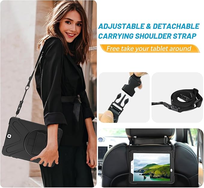 Galaxy Tab S2 9.7 Case - Dropproof Shockproof Heavy Duty Tablet Cover Rotatable Kickstand Handle Stand Hand Strap Shoulder Belt Carrying Case for Samsung SM-T810/T813/T815/T817/T818/T819 9.7 Black