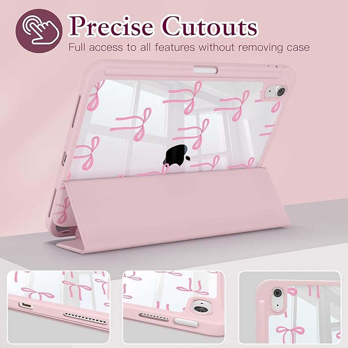 CISSOOK Compatible with iPad 11 Inch 2025 (A16) Case /10.9 inch iPad 10th 2022 with Apple Pencil Slot Auto Wake/Sleep White Base with Pink Bow Shockproof Cover