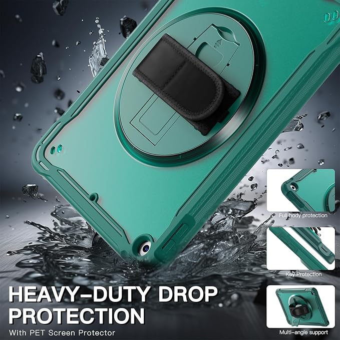 BRAECNstock for iPad 9th/ 8th/ 7th Generation Case 10.2 2021/2020/2019Shockproof Cover with 360° Rotating Hand Strap/StandScreen ProtectorCarrying Shoulder StrapPencil Holder(Midnight Green)