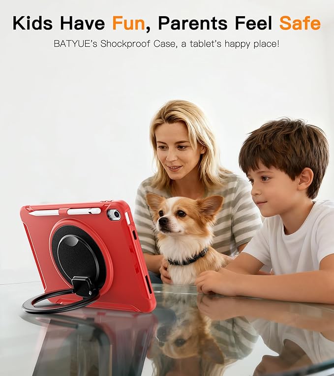 BATYUE Shockproof Case for iPad 10th Gen 10.9 2022 / 11th Gen (A16) 11 2025 | 360° Multi-Angle Stand (Portrait &amp Landscape) &amp Grip Built-in Screen Protector Pencil Holder Red