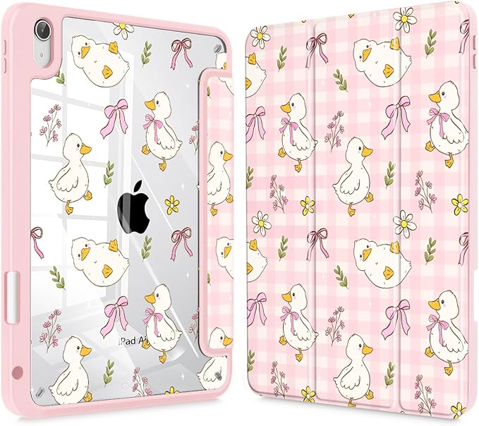 Case for iPad Air 11'' (M4 2026/M3 2025/M2 2024)/ iPad Air 10.9'' Air 5th /4th Gen Shockproof Cover with Clear Back Shell &amp Penceil Holder Auto Wake/Sleep Stand Cover Duck &amp Bow