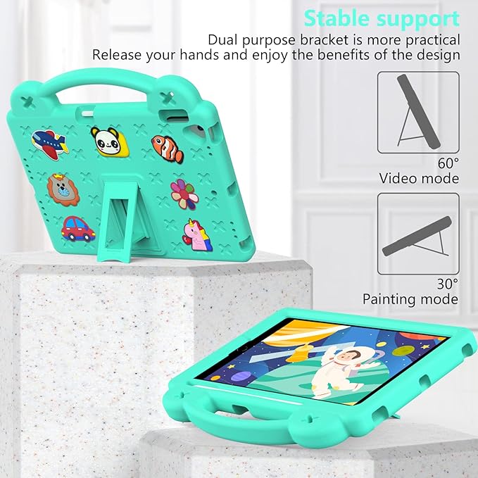 Dteck for iPad 9th/8th/7th Generation 10.2 Kids CaseCartoon Panda Shockproof Rugged Lightweight Convertible Handles Stand Kid Friendly Case with Pencil Holder for iPad 10.2 2021/2020/2019Mint Green