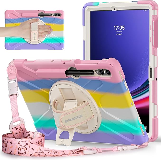 BRAECNstock Kids Case for Samsung Galaxy Tab S10+ Plus/ S9 FE+ Plus/ S9+ Plus/ S8+ Plus/ S7 FE/ S7+ Plus 5G 12.4 Shockproof Protective Cover with Pen Holder Rotating Stand&ampHand Strap - Colorful P