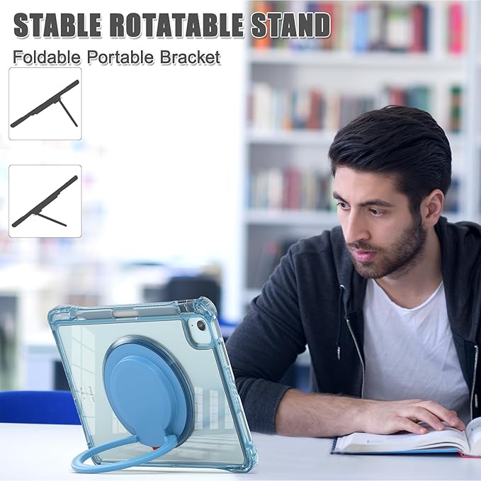 Shockproof Case for iPad Air 11'' (M4 2026/M3 2025/M2 2024)/ iPad Air 10.9'' Air 5th /4th Gen PC Clear Tablet Cases with Rotating Stand for Kids Light Blue
