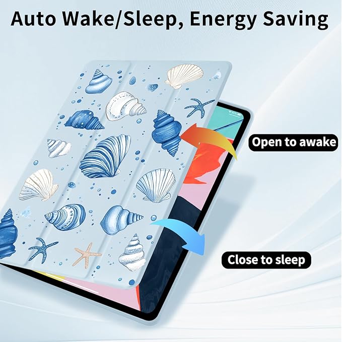 Starfish Seashell Case for iPad 5th/6th Generation(2017/2018) for iPad Air/Air 2 9.7 Inch with Pencil Holder Foldable Blue Leather Cartoon Cover Clear Back Shell Auto Wake/Sleep