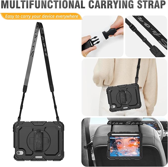 HXCASEAC Case for iPad mini 7 (A17 Pro) / iPad mini 6 Case 8.3 inch Full Body Protective with Carrying Strap Hand Strap Protector Pencil Holder 360 Rotating Stand A2995 A2993 A2567 A2568 Black
