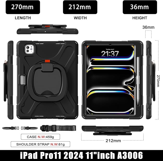Batianda for New iPad Pro 11-inch Case 2025 M5 2024 M4 Chip Heavy Duty Rugged Durability Silicone Tablet Cover with 360° Rotating Ring Foldable Kickstand &amp Shoulder Strap Black