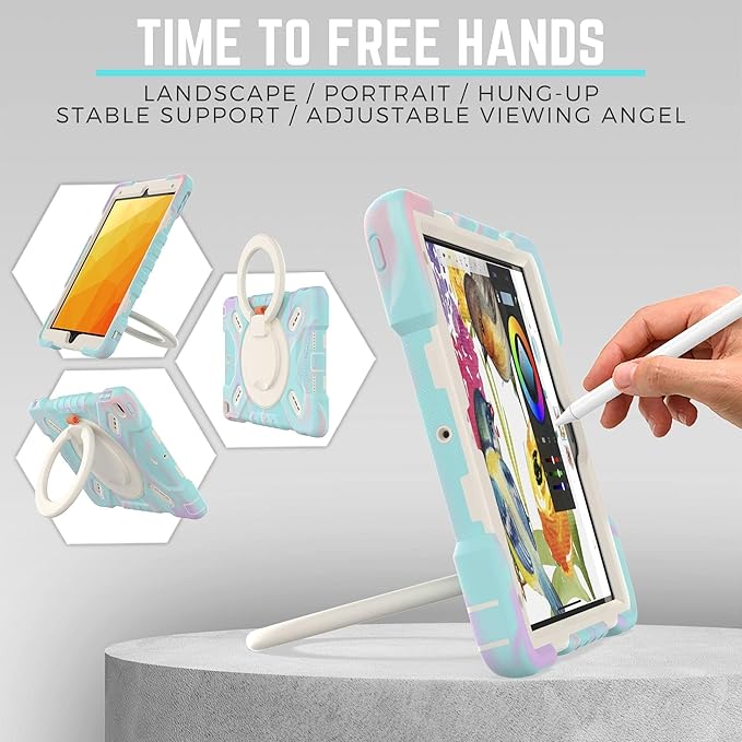PEPKOO Triple Shockproof Case for iPad 9th/8th/7th Generation 10.2 inch 2021/2020/2019 Air 3rd Generation 10.5” Rugged Kid Cover with Pencil Holder/Handle Kickstand/Shoulder Strap Colorful Blue