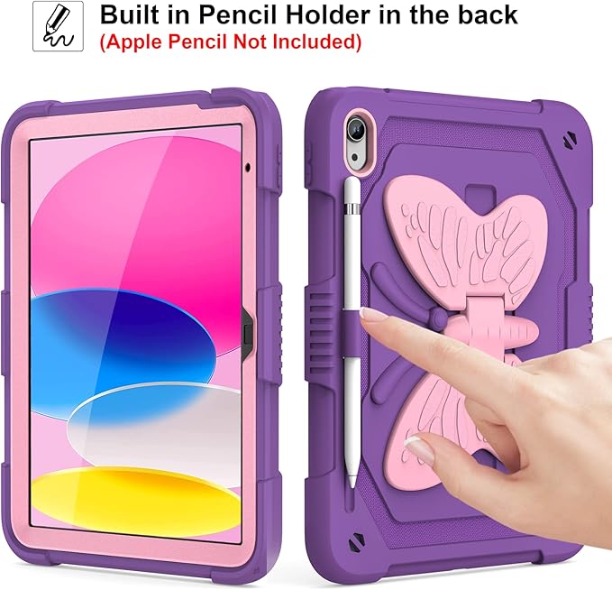 VOFUOE for iPad 10th Generation Case for Kids Girls 2022 10.9 Inch for iPad A16 Case 11th Generation 2025 with Screen Protector Shoulder Strap Butterfly Wings Stand Pencil Holder Rugged Cover-Purple