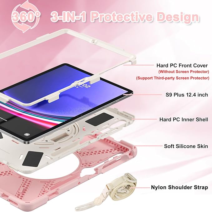 BRAECNstock for Samsung Galaxy Tab S10+ Plus/ S9 FE+ Plus/ S9+ Plus/ S8+ Plus/ S7 FE/ S7+ Plus 5G Case 12.4 Shockproof Protective Kids Cover with Rotating Hand Strap &amp Stand Pen Holder - Sakura P