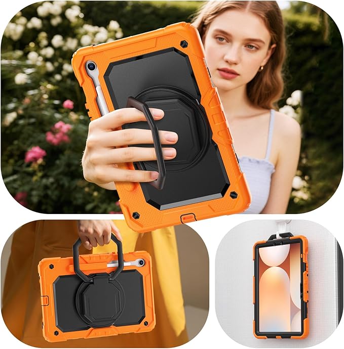 HXCASEAC Case for Galaxy Tab S10 lite / S10 FE / S9 FE 10.9 Inch Shockproof | 360° Rotating Stand | S Pen Holder | Screen Protector | Shoulder Strap | Samaung S10 Lite Tablet Case Kids Orange
