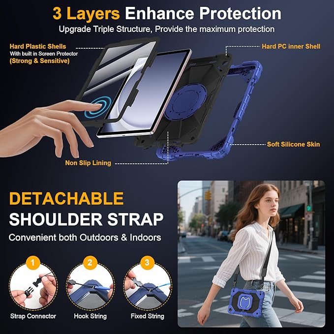 Case for Samsung Galaxy Tab A9 Plus 11 Inch 2023 Ubearkk Rugged Case for Samsung Galaxy A9+ Tablet SM-X210/X216/X218 with Screen Protector 360 Rotating Stand Shoulder Strap Pen Holder Navy Black