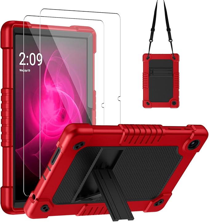 for Tmobile Revvl Tab 2 Tablet Case with 2 Pcs Screen ProtectorShockproof Kids Protective Case with Shoulder Strap Kickstand Cover for Tmobile Revvl Tab 2 Tablet 10.1 inch (Red/Black)