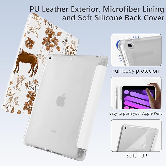 Cute Brown Horse Flower for iPad Pro 13 Inch Case (M5/M4) 2025/2024 with Pencil Holder Auto Sleep/Wake White Leather Soft TPU Back Cover