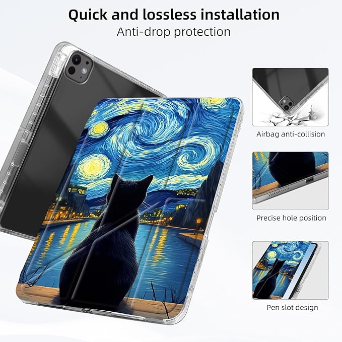 for iPad Pro 11 2024 Case with Pencil Holder Foldable Y-Shaped Protective Cover Stylish Clear Multi-Angle Viewing &amp Auto Sleep/Wake Starry Night Cat Tablet Case