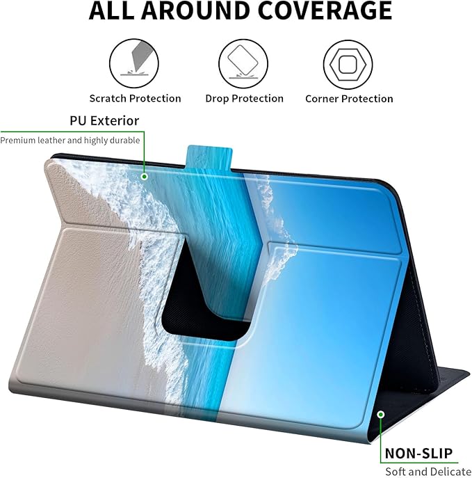 for Universal 10 10.1 Inch Android Tablet Case 360 Degree Rotating Leather Stand Folio Cover for iPad 9.7/10.2/10.5/Galaxy Tab 9-10.5/Fire HD10 &amp More 9.0-10.5 Inch TabletBlue Sea Beach