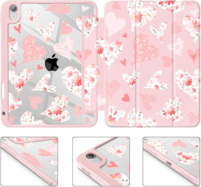 Tuiklol for 2025 iPad (A16 Chip) 11th Generation 11 inch/iPad 10th Generation 10.9 inch 2022 Case Buit in Pencil Holder with Clear Back Shell Cover Trifold Stand Auto Wake/SleepHearts Flower