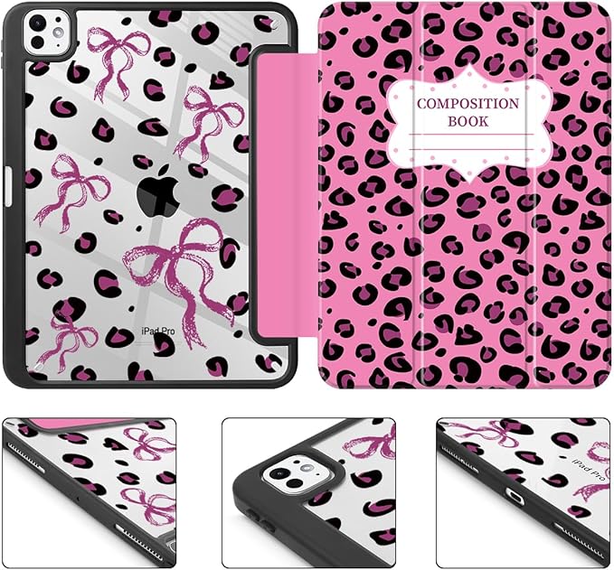 Mektron Case for M5/ M4 iPad Pro 11 inch 2025/2024 with Pencil Holder Compatible Models: A3357/A3358/A3359/A2836/A2837/A3006 Shockproof Cover Clear Shell Composition Book-Bows