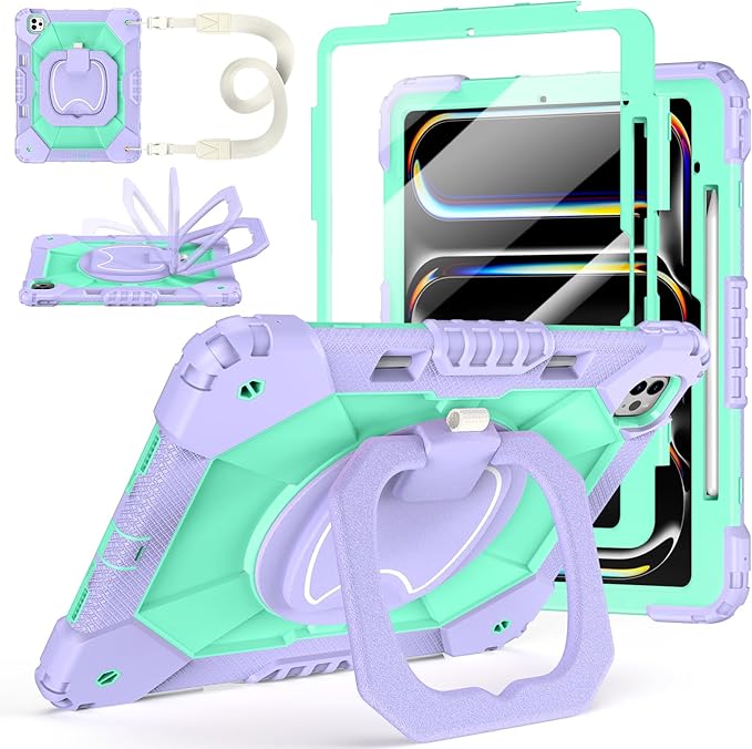 Case for iPad Pro 13 Inch M5 2025 / M4 2024 Auorld for iPad Pro 13 Inch M5 2025 with Screen Protector 360 Degree Rotating Stand Shoulder Strap Pencil Holder Purple Mint