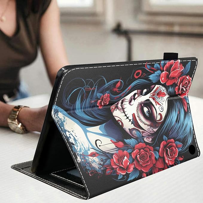 Case for All-New Amazon Kindle Fire HD 10 &amp 10 Plus Tablet (13th/11th Generation 2023/2021 Release) 10.1 - Premium PU Leather Stand Cover with Smart Auto Wake Sugar Skull Girl Rose