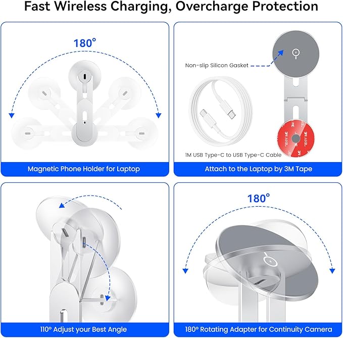 Laptop Phone Holder Magnetic Phone Stand 15W Fast Wireless Charger for MagSafe for iPhone 17/16/15/14/13/12 &amp All Phones for Tesla (Silver)