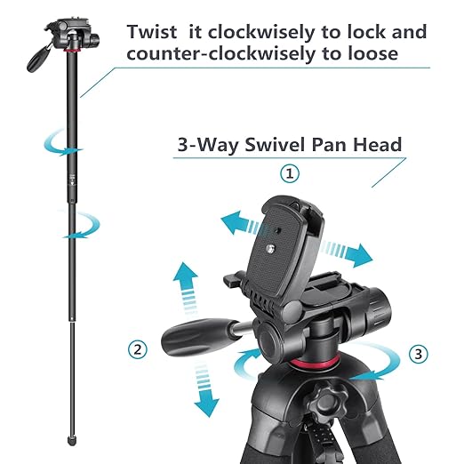 NEEWER Portable Aluminum Alloy Camera 2 in 1 Tripod Monopod Max. 70/177cm with 3 Way Swivel Pan Head and Carrying Bag for DSLR DV Video Camcorder (SAB264 Red)