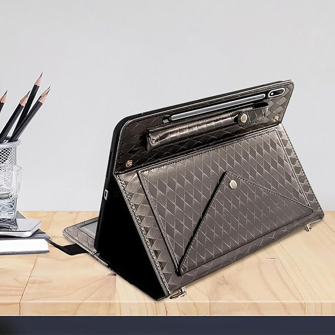 Tablet Carrying Shoulder Bag Case for Samsung Galaxy Tab S10 FE+ Plus 13.1 2025 SM-X620 X626 Iridescent Diamond Texture Envelope PU Leather Hand Strap Cards Holder Pocket S Pen Holder CaseBlack