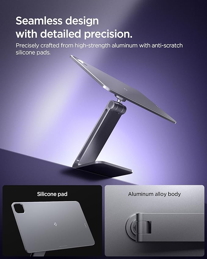Spigen for Magnetic Wireless Charging Stand Compatible with iPad Pro 11 M5 (2025) &amp M4 (2024) Foldable Adjustable Aluminum Pogo Pin Charger Tablet Holder Desk Mount - Space Gray (LD207W2)