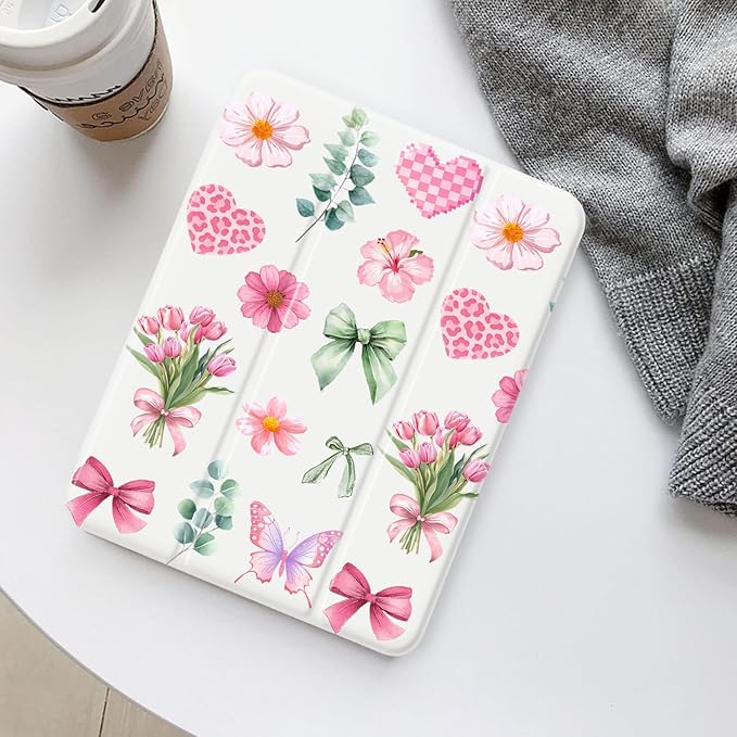 Leopard Bow Floral Case for iPad Pro 13 inch (M5 2025/ M4 2024 8th/7th Gen)[Pencil Holder+Auto Sleep/Wake]Slim Trifold Stand Protective Cover with Soft TPU BackWhite