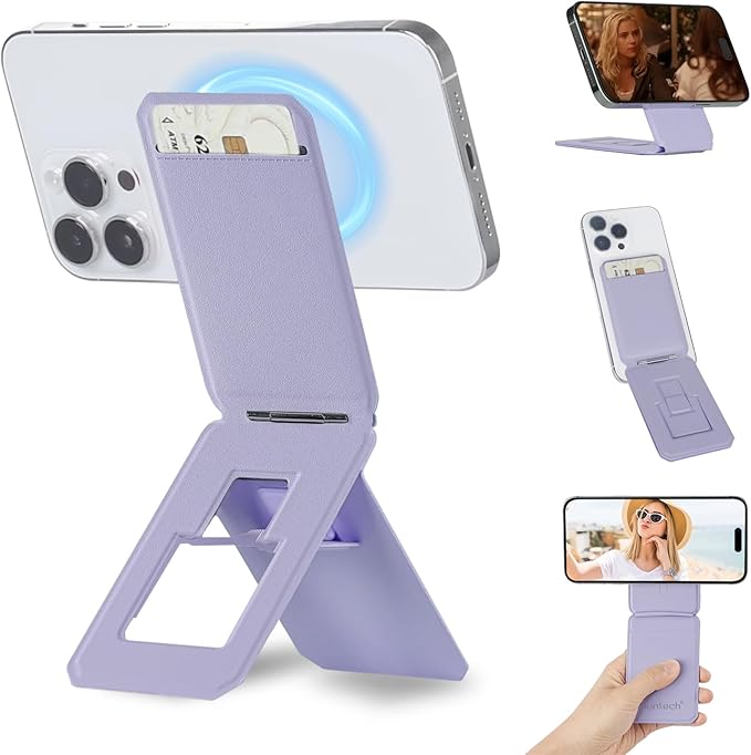 iontech Tripod Phone Wallet Stand Compatible with MagSafe iPhone 17/16/15/14/13/12 Series 3 in 1 Strong Magnetic Phone Holder PU Leather Wallet Lightweight &amp Adjustable Cell Phone Stand (Purple