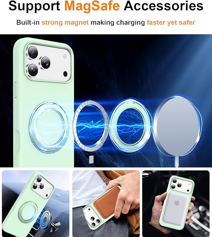 STERKER 360° Rotatable Stand Compatible with iPhone 17 Pro Case with Magnetic [Military Grade Drop Tested][Adjustable Kickstand] Ring Holder Silicone Slim Back Soft Edge Green