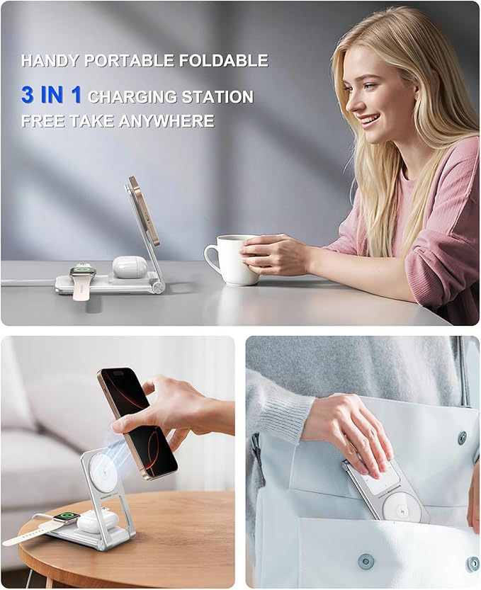 3 in 1 Magnetic Wireless ChargerFoldable Charging Station Built-in Retractable Cable15W Portable Wireless Charging Stand for iPhone 16 15 14 13 12Apple WatchAirPods (20W Adapter) (White)